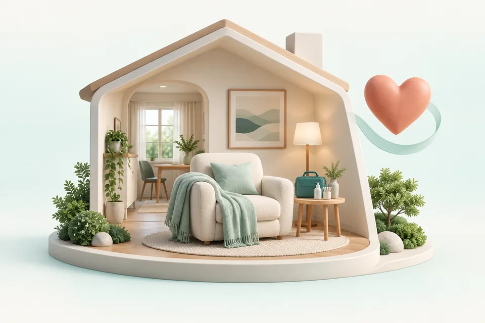 Ilustração 3D de uma casa com poltrona e materiais de enfermagem