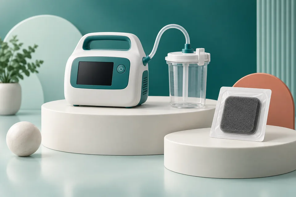 Ilustração conceitual 3D de equipamento de pressão negativa e materiais